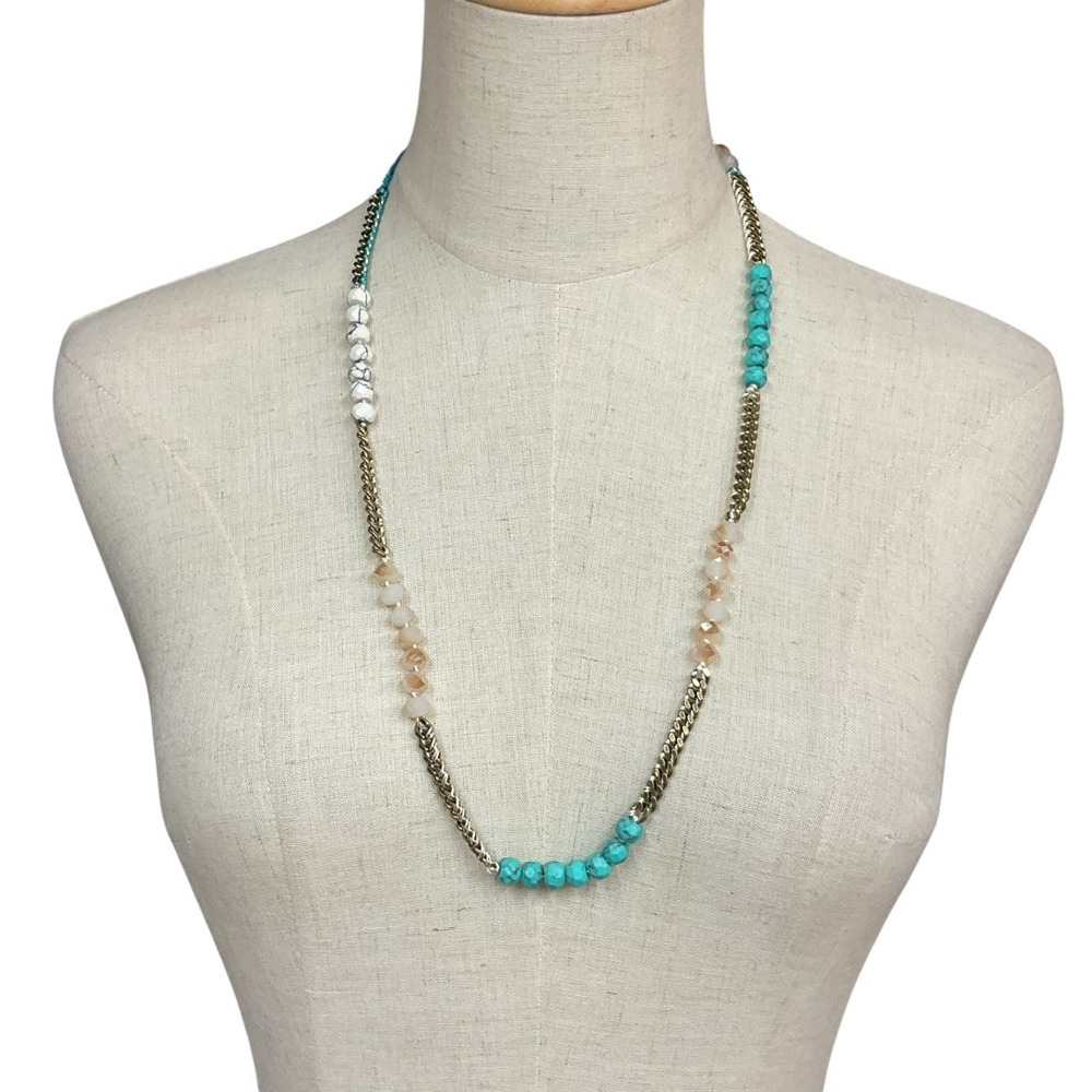 Chloe + Isabel Blue Turquoise Gold Tone Silk Cord Beaded Link Boho Necklace OZ
